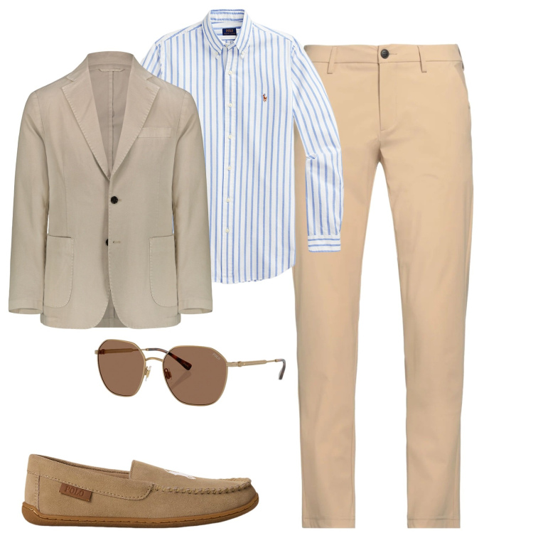 Outfit uomo - In ufficio. Stile Business/Elegante per Ufficio. Abbinamento con pantaloni chino, occhiali da sole, camicie, pantofole, giacche.