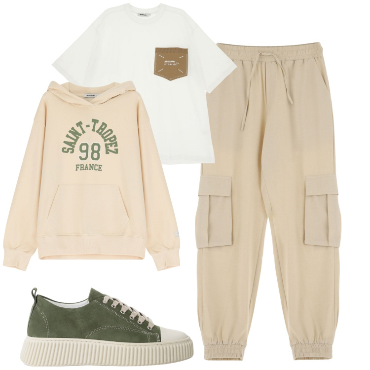 Outfit uomo - City. Stile Casual per Tutti i giorni. Abbinamento con pantaloni cargo, t-shirt, sneakers, felpe con cappuccio.