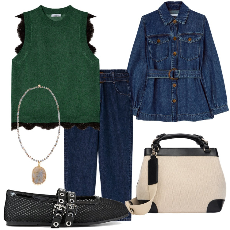Outfit donna - Total look #2103759. Stile Basic per Ufficio. Abbinamento con ballerine, top, borse a mano, jeans, blazer, ciondoli.