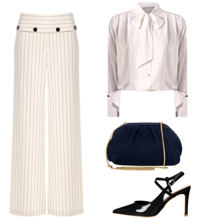 Outfit donna - Coi pantaloni gessati. Stile Chic per Cerimonia. Abbinamento con décolleté, pochette, pantaloni, bluse.