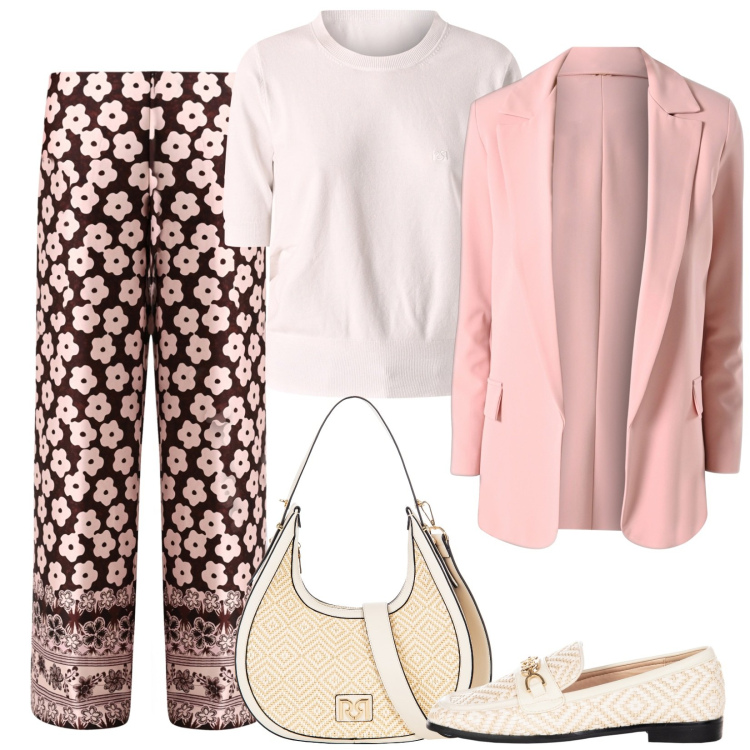 Outfit donna - Un battesimo mattutino. Stile Casual chic per Cerimonia. Abbinamento con pantaloni a palazzo, blazer, borse a mano, maglieria, mocassini.