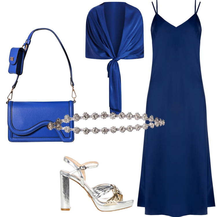 Outfit donna - Notte blu. Stile Chic per Serata fuori. Abbinamento con sandali in pelle, vestiti lunghi, pochette, stole, cinture.