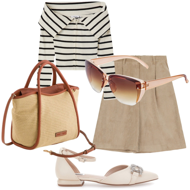 Outfit donna - Al mare di primavera. Stile Casual chic per Mare. Abbinamento con occhiali da sole, cardigans, bermuda, ballerine, borse a mano.
