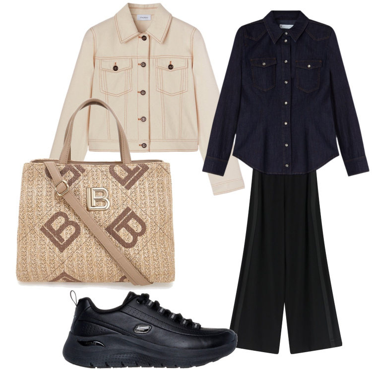 Outfit donna - Ufficio di primavera. Stile Casual chic per Ufficio. Abbinamento con pantaloni, sneakers, borse a tracolla, blazer, camicie.