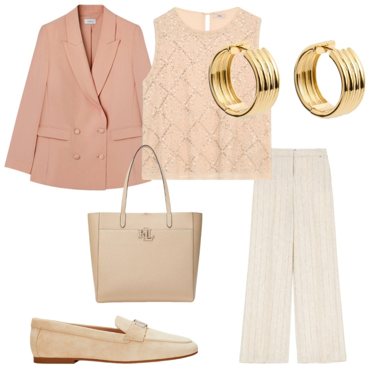 Outfit donna - Casual chic in primavera. Stile Casual chic per Ufficio. Abbinamento con pantaloni a palazzo, mocassini, borse tote, blazer, top, orecchini.