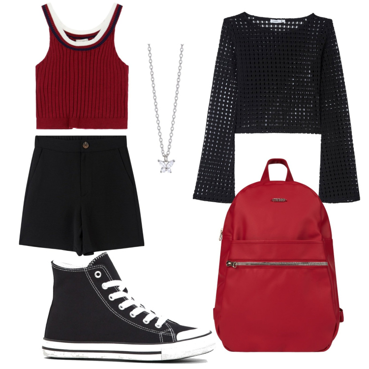 Outfit donna - Open air tra nero e rosso. Stile Basic per Tutti i giorni. Abbinamento con sneakers alte, maglieria, bermuda, collane, zaini, top.