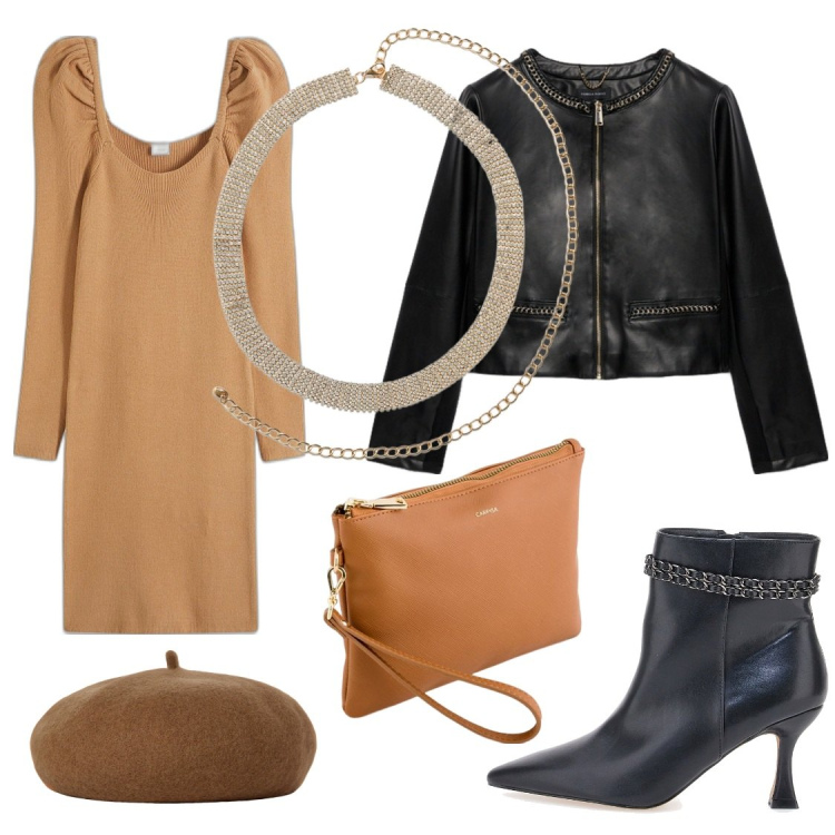 Outfit donna - Cappello marrone, alla francese. Stile Casual chic per Serata fuori. Abbinamento con vestiti, collane, stivaletti, cappelli e berretti, blazer, pochette.