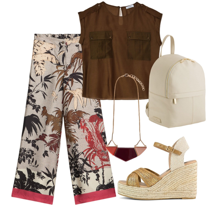 Outfit donna - Comodità elegante. Stile Casual per Tutti i giorni. Abbinamento con zeppe, pantaloni a palazzo, zaini, bluse, ciondoli.