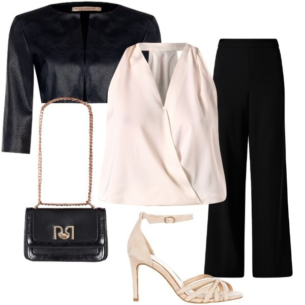 Outfit donna - Eleganza in nero e panna per cerimonia. Stile Chic per Cerimonia. Abbinamento con top, bolero, sandali col tacco, pantaloni, borse a tracolla.