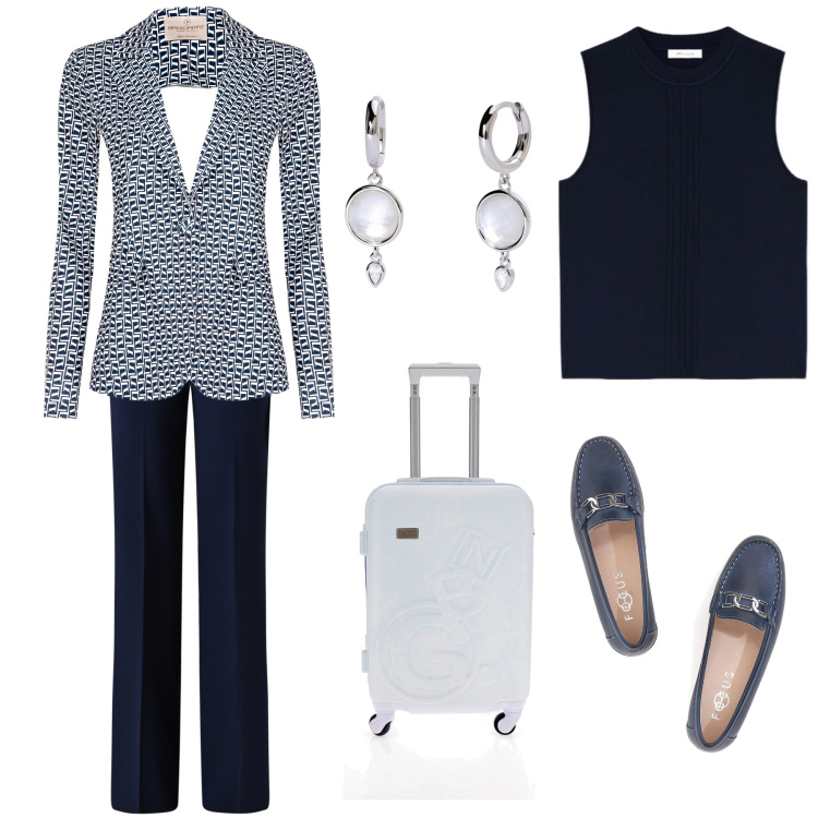 Outfit donna - Viaggio di lavoro in blazer. Stile Casual chic per Tutti i giorni. Abbinamento con orecchini, pantaloni a palazzo, blazer, mocassini, top, valigie.