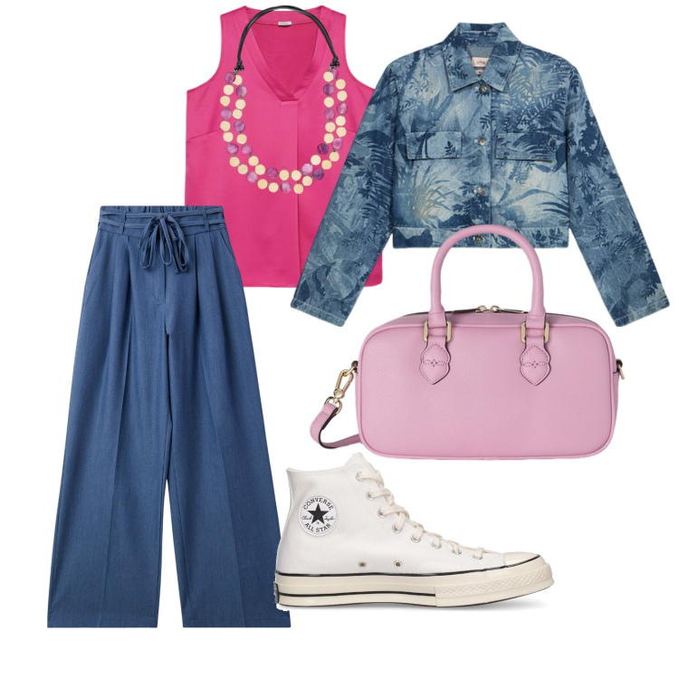 Outfit donna - Sportiva. per Scuola/Università. Abbinamento con jeans, sneakers, blazer, top, borse a mano, collane.