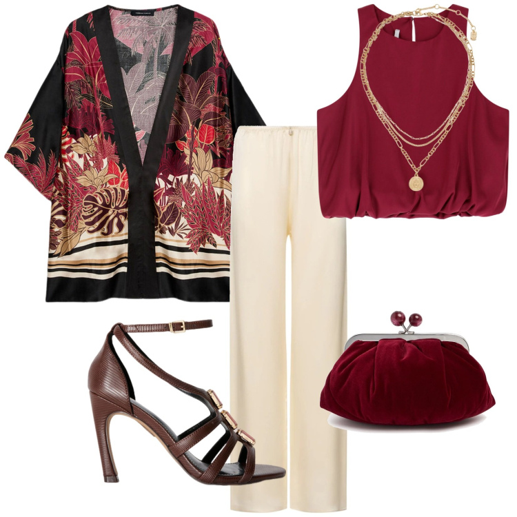 Outfit donna - Cerimonia. per Cerimonia. Abbinamento con top, ciondoli, kimono, pochette, sandali gioiello, pantaloni.