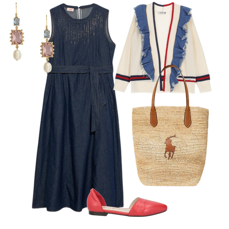 Outfit donna - Passeggiata al mare. per Mare. Abbinamento con ballerine, cardigans, borse tote, orecchini, vestiti lunghi.