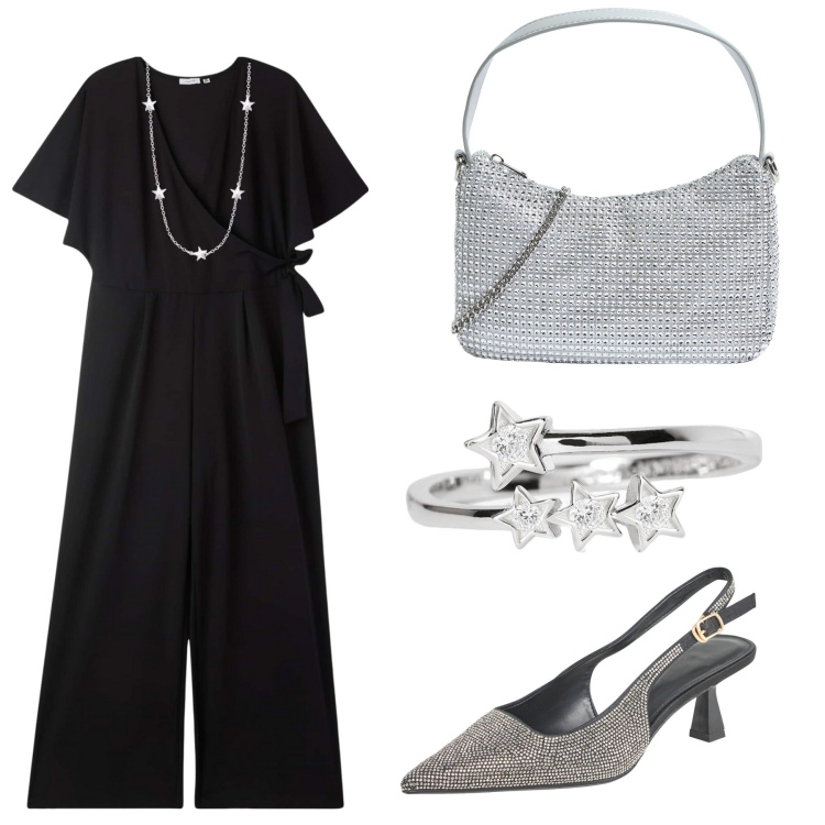 Outfit donna - Serata con stile. Stile Chic per Serata fuori. Abbinamento con tute, décolleté, borse a tracolla, collane, anelli.