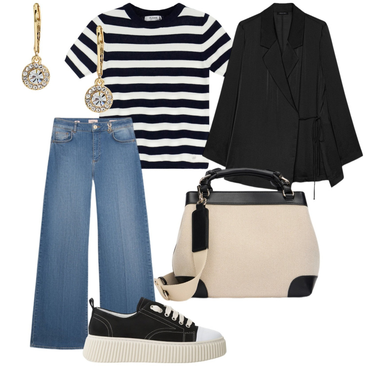 Outfit donna - Dinamica. per Tutti i giorni. Abbinamento con maglieria, sneakers, orecchini, blazer, jeans, borse a mano.