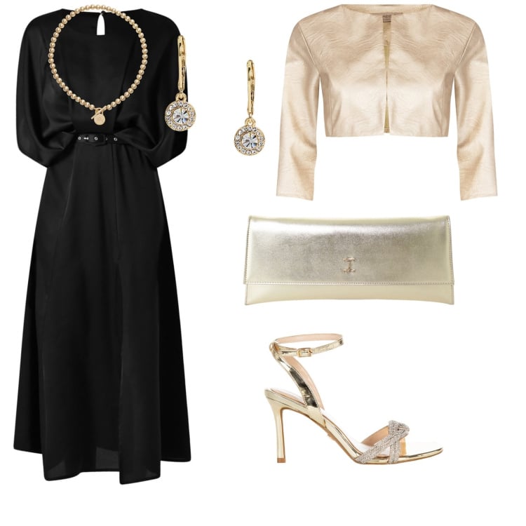 Outfit donna - Abito da cerimonia. per Cerimonia. Abbinamento con bolero, vestiti midi/longuette, sandali col tacco, pochette, collane, orecchini.