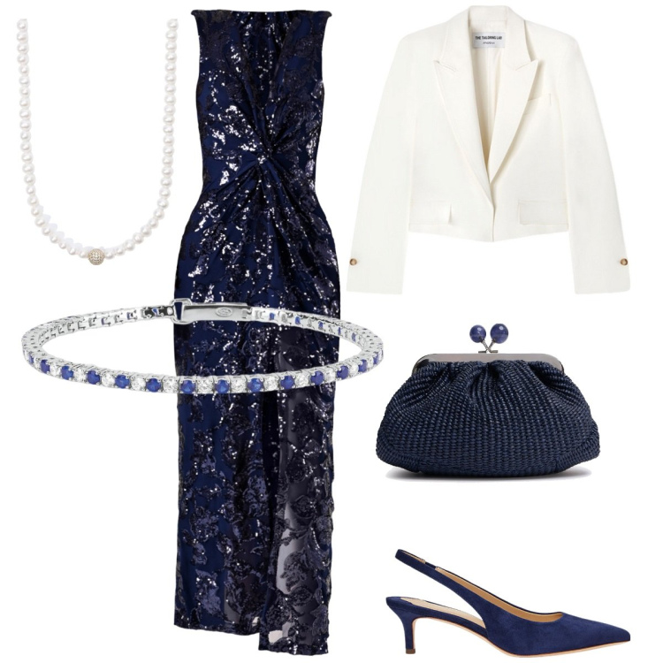 Outfit donna - Total look #2104119. Stile Glamour per Cerimonia. Abbinamento con braccialetti, collane, décolleté, vestiti lunghi, pochette, blazer.