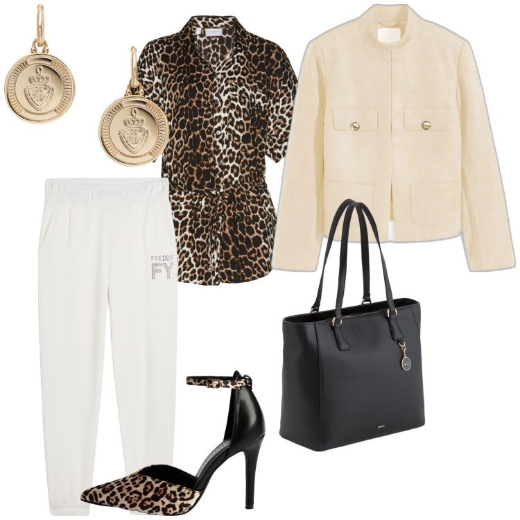 Outfit donna - Animalier e i pantaloni sportivi. per Tutti i giorni. Abbinamento con camicie a manica corta, blazer, décolleté, pantaloni, orecchini, shopping bag.