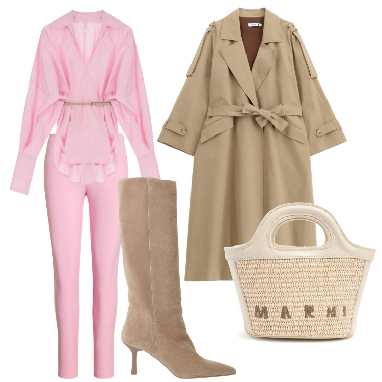 Outfit donna - Un po\' di rosa confetto. Stile Casual chic per Serata fuori. Abbinamento con trench, camicie, stivali, pantaloni, shopping bag.