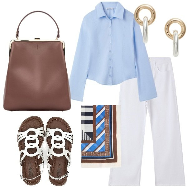 Outfit donna - Casual chic primaverile Azzurro e bianco. Stile Casual chic per Tutti i giorni. Abbinamento con pantaloni, camicie, orecchini, sandali, borse a spalla, foulard.