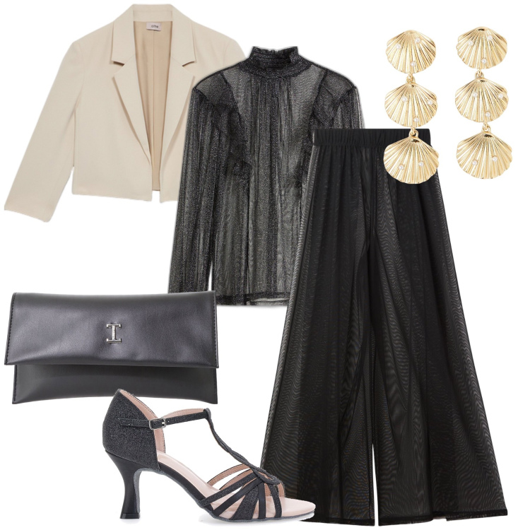 Outfit donna - La blusa a lupetto. Stile Glamour per Serata fuori. Abbinamento con bluse, orecchini, pantaloni a palazzo, pochette, décolleté, blazer.