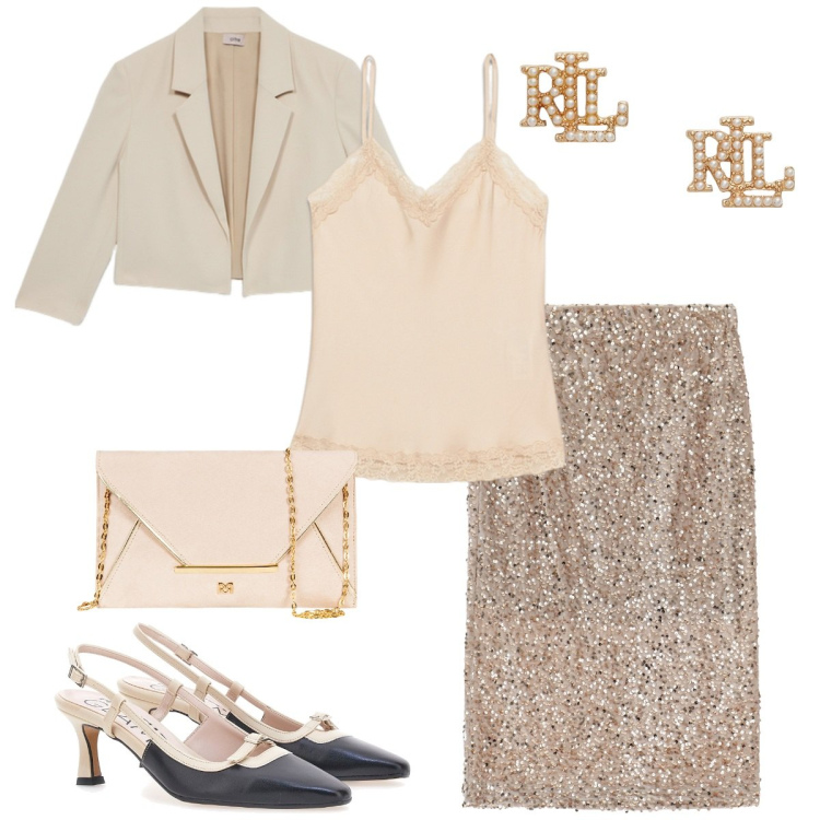 Outfit donna - Cerimonia low-cost. Stile Glamour per Cerimonia. Abbinamento con pochette, gonne longuette, orecchini, décolleté, blazer, top.