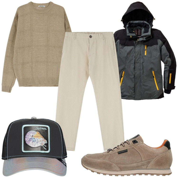 Outfit uomo - Total look #2104225. Stile Trendy per Tutti i giorni. Abbinamento con giacche, pullovers, pantaloni, sneakers, cappelli con visiera.