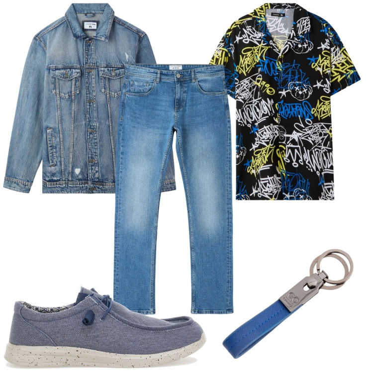 Outfit uomo - Total look #2104247. Stile Trendy per Tutti i giorni. Abbinamento con giacche, camicie a manica corta, jeans dritti, portachiavi, scarpe stringate.