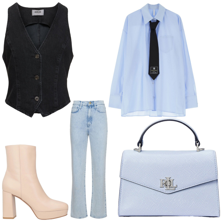 Outfit donna - Azzurro cielo. Stile Casual chic per Ufficio. Abbinamento con stivaletti, camicie, borse a mano, jeans, gilet.