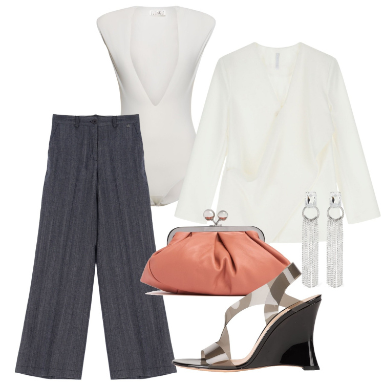 Outfit donna - Giacca asimmetrica. Stile Chic per Cerimonia. Abbinamento con sandali in pelle, blazer, pantaloni, orecchini, pochette, body.