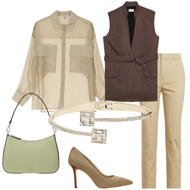 Outfit donna - Colori rubati alla natura. Stile Chic per Serata fuori. Abbinamento con camicie, borse a spalla, pantaloni, braccialetti, décolleté, gilet.