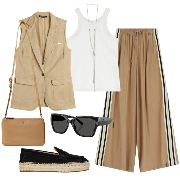 Outfit donna - Un giorno tutto per me. Stile Sporty chic per Tutti i giorni. Abbinamento con top, gilet, pantaloni, occhiali da sole, borse a tracolla, espadrillas.