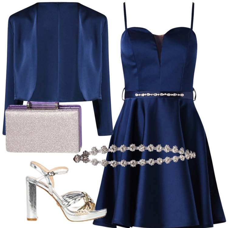 Outfit donna - Blu notte. Stile Chic per Cerimonia. Abbinamento con sandali in pelle, pochette, bolero, vestiti corti, cinture.