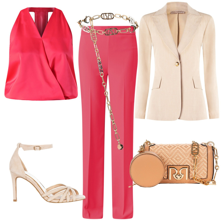 Outfit donna - Vibrante. Stile Glamour per Cerimonia. Abbinamento con pantaloni a palazzo, top, sandali col tacco, blazer, borse a tracolla, cinture.