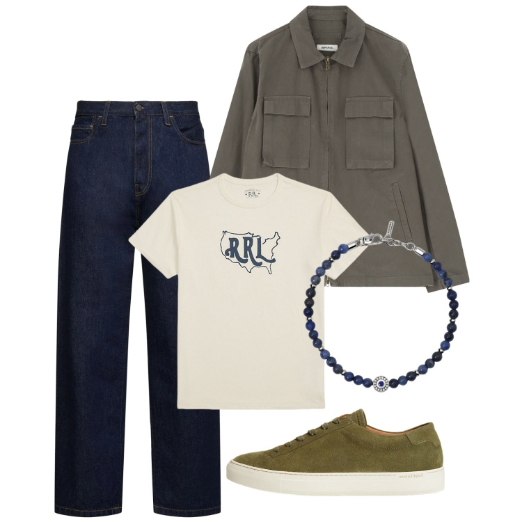 Outfit uomo - Aprile. Stile Casual per Tutti i giorni. Abbinamento con braccialetti, cappotti, sneakers, t-shirt, jeans.