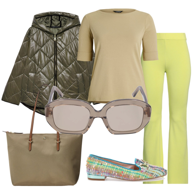 Outfit donna - Verde sempreverde. Stile Casual chic per Tutti i giorni. Abbinamento con pantaloni, borse tote, top, mocassini, piumini, occhiali da sole.
