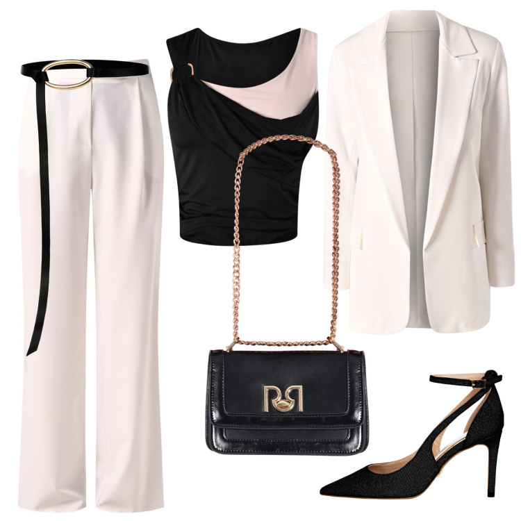 Outfit donna - Tailleur classico elegante. Stile Chic per Serata fuori. Abbinamento con pantaloni, cinture, top, blazer, décolleté, borse a tracolla.