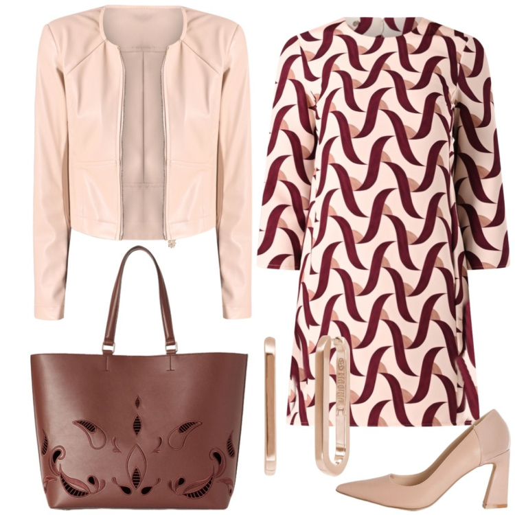 Outfit donna - Geometrie. Stile Chic per Tutti i giorni. Abbinamento con orecchini, vestiti, giacche, décolleté, shopping bag.