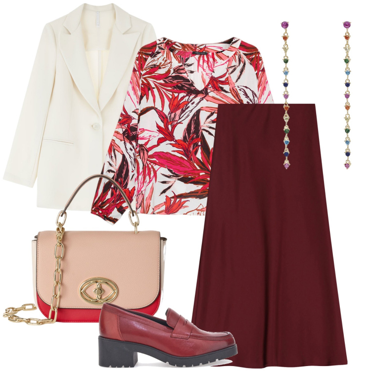 Outfit donna - La blusa jungle. Stile Casual chic per Ufficio. Abbinamento con orecchini, gonne lunghe, blazer, mocassini, bluse, borse a tracolla.