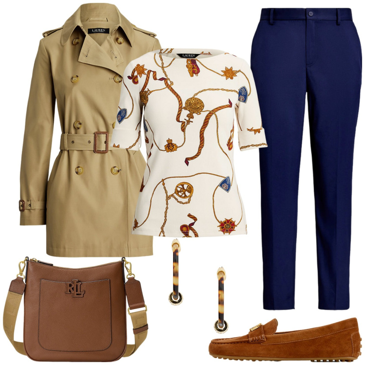 Outfit donna - Il trench corto. Stile Casual chic per Tutti i giorni. Abbinamento con borse a tracolla, trench, pantaloni, mocassini, t-shirt, orecchini.