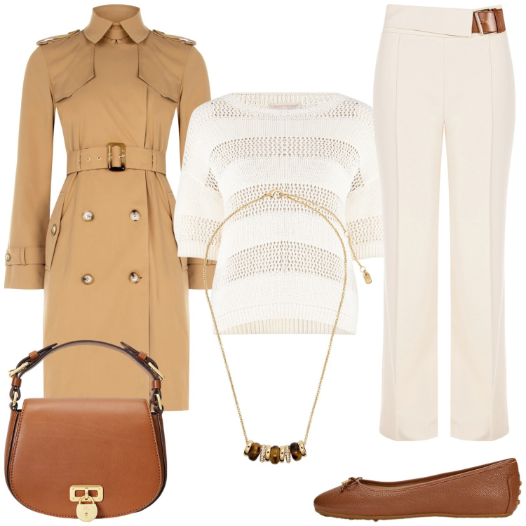Outfit donna - Il trench lubgo. Stile Casual chic per Tutti i giorni. Abbinamento con trench, pantaloni, maglieria, borse a tracolla, collane, ballerine.