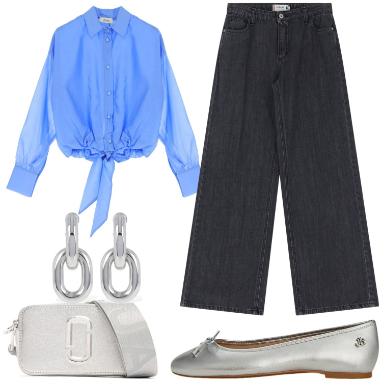 Outfit donna - La camicia annodata e accessori argento. Stile Casual chic per Tutti i giorni. Abbinamento con jeans, camicie, ballerine, orecchini, borse a spalla.