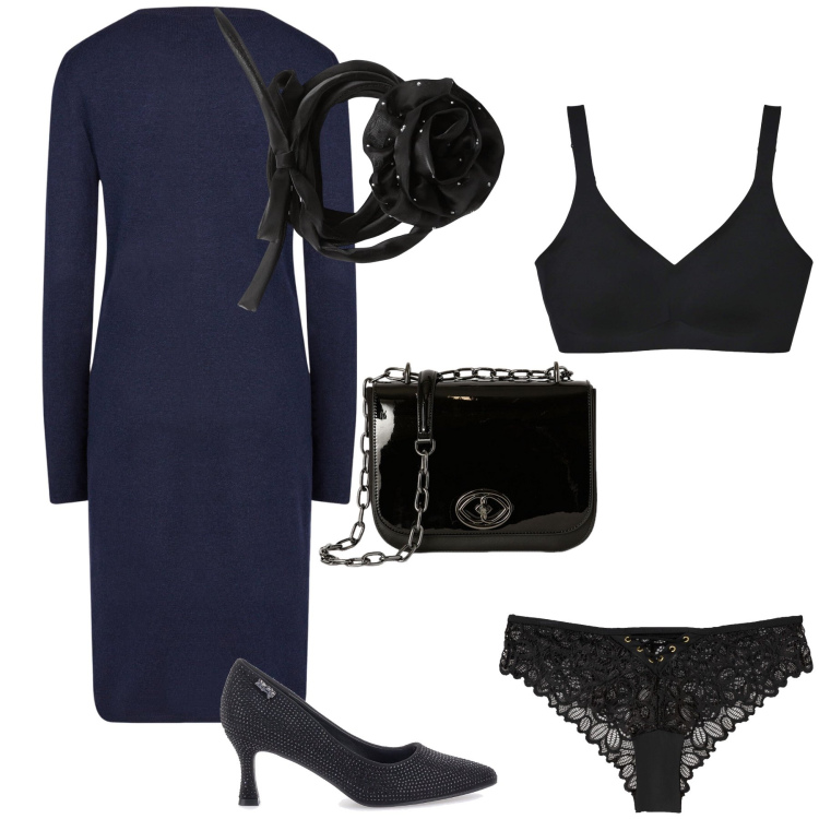 Outfit donna - Una rosa nera. Stile Bon Ton per Ufficio. Abbinamento con culotte, collane, reggiseni, vestiti midi/longuette, décolleté, borse a tracolla.