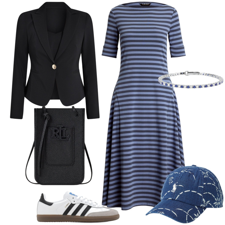 Outfit donna - Voglia di mare. Stile Glamour per Tutti i giorni. Abbinamento con braccialetti, blazer, borse a tracolla, vestiti, cappelli, sneakers.