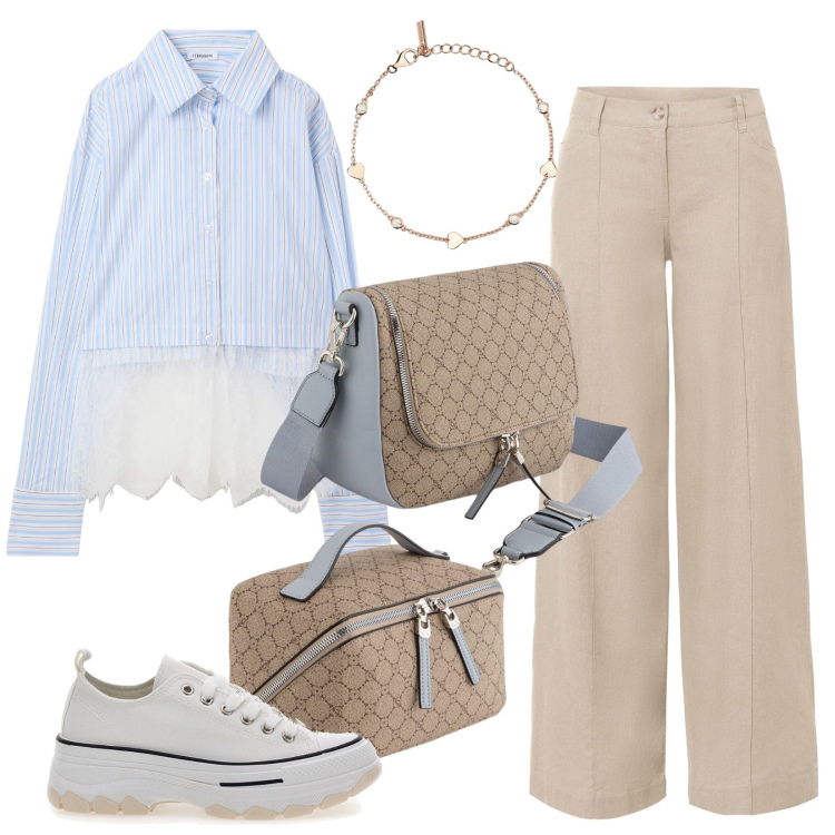 Outfit donna - Svago fuori città. Stile Casual chic per Tutti i giorni. Abbinamento con pantaloni a palazzo, camicie, braccialetti, sneakers, valigie, borse a tracolla.