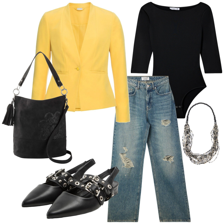 Outfit donna - Total look #2104370. Stile Casual per Tutti i giorni. Abbinamento con blazer, borse a mano, body, sabot, jeans strappati, collane.