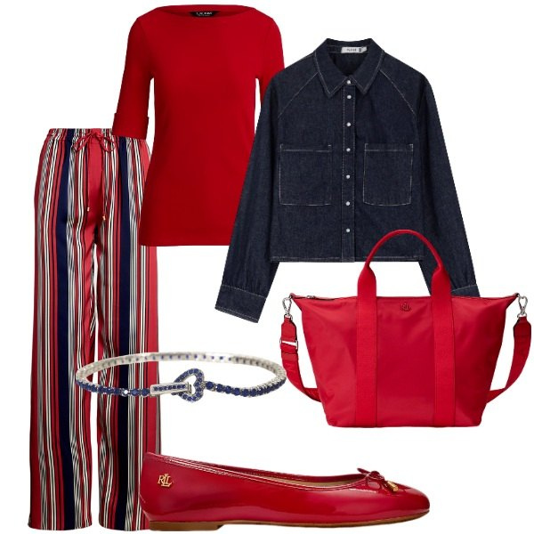 Outfit donna - Colori di Aprile. Stile Casual chic per Tutti i giorni. Abbinamento con braccialetti, camicie, ballerine, borse tote, pantaloni, t-shirt.
