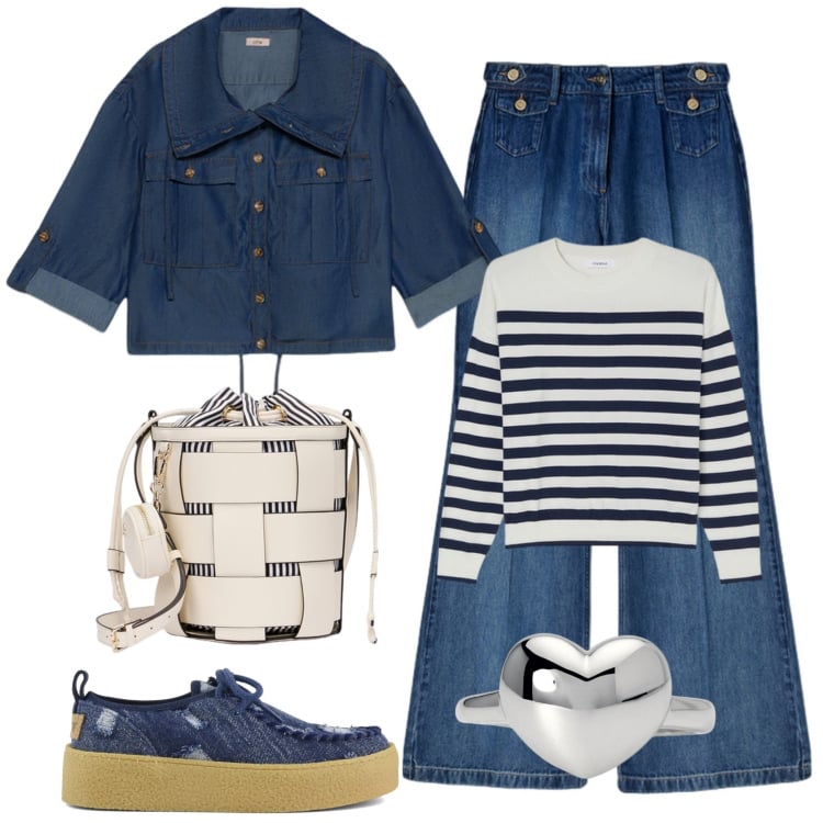 Outfit donna - Le righe di tendenza. Stile Casual per Tutti i giorni. Abbinamento con anelli, mocassini, pullovers, jeans, blazer, borse a secchiello.