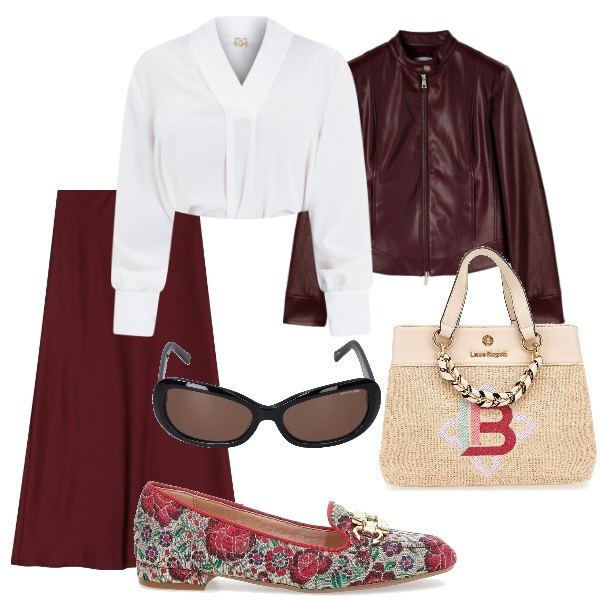 Outfit donna - Serata di festa. Stile Casual chic per Serata fuori. Abbinamento con bluse, gonne lunghe, mocassini, occhiali da sole, borse a mano, blazer.