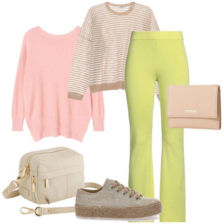 Outfit donna - Il pantalone giallo lime. Stile Basic per Tutti i giorni. Abbinamento con pantaloni, portafogli, maglieria, espadrillas, borse a tracolla, maglieria.